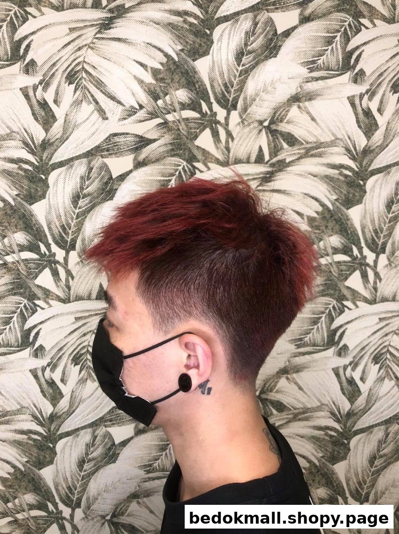 Person with red hair and fade haircut wearing a mask against leafy wallpaper.