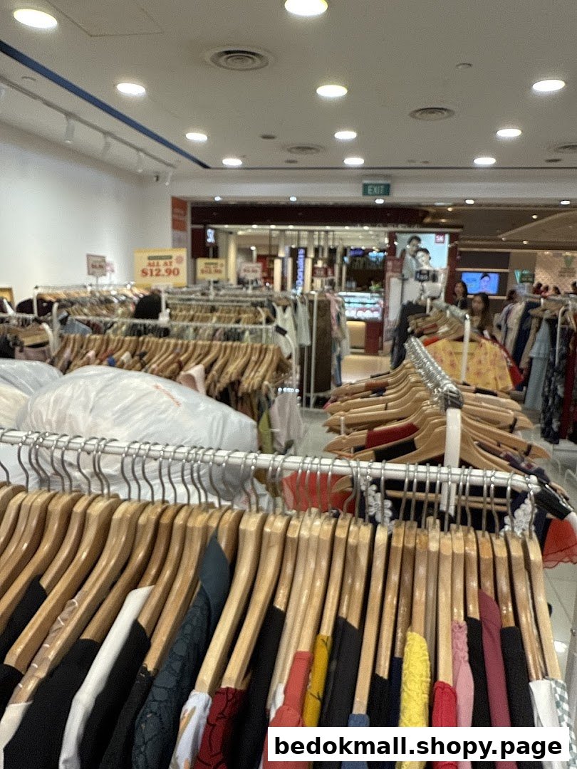 Interior view of a clothing shop with numerous racks of garments.