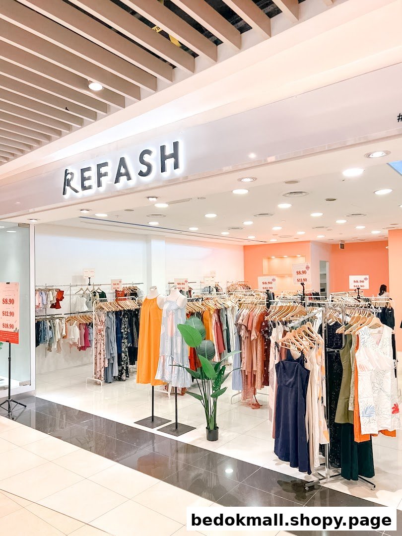 Front view of REFASH clothing store with racks of apparel and mannequins.