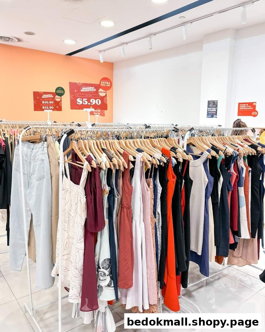 Interior view of a clothing store with racks of garments and sale signs.
