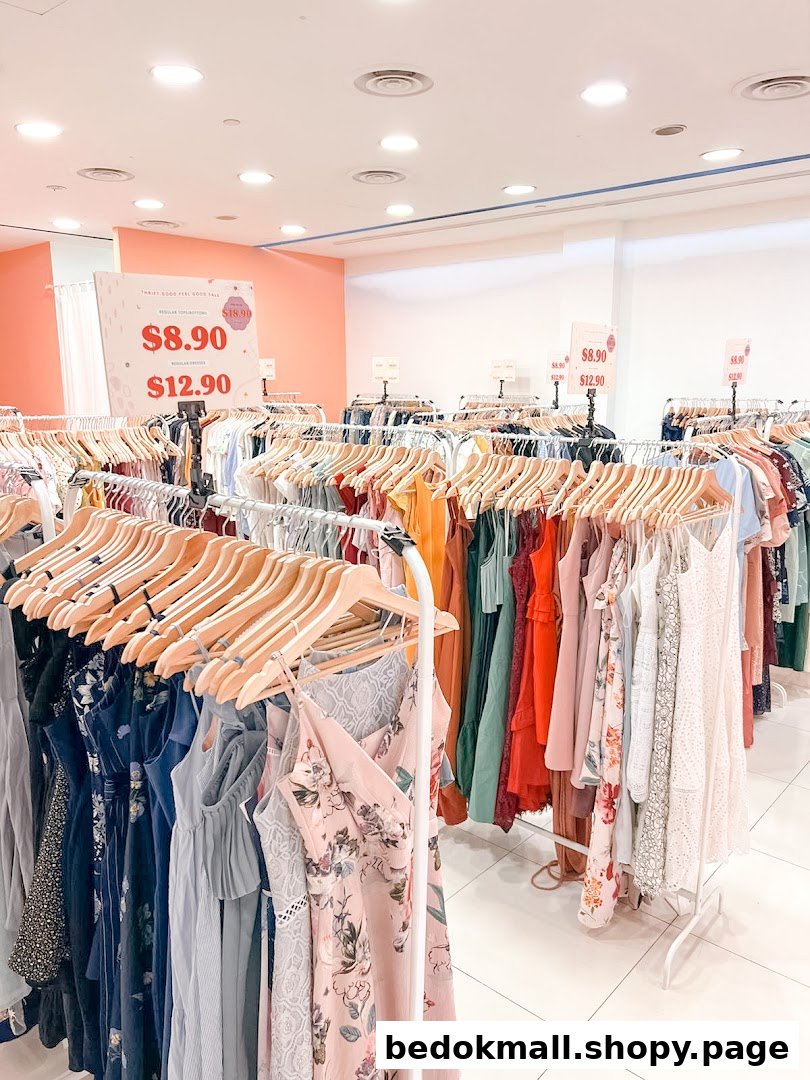 Interior view of a clothing store with many racks of garments and price signs.