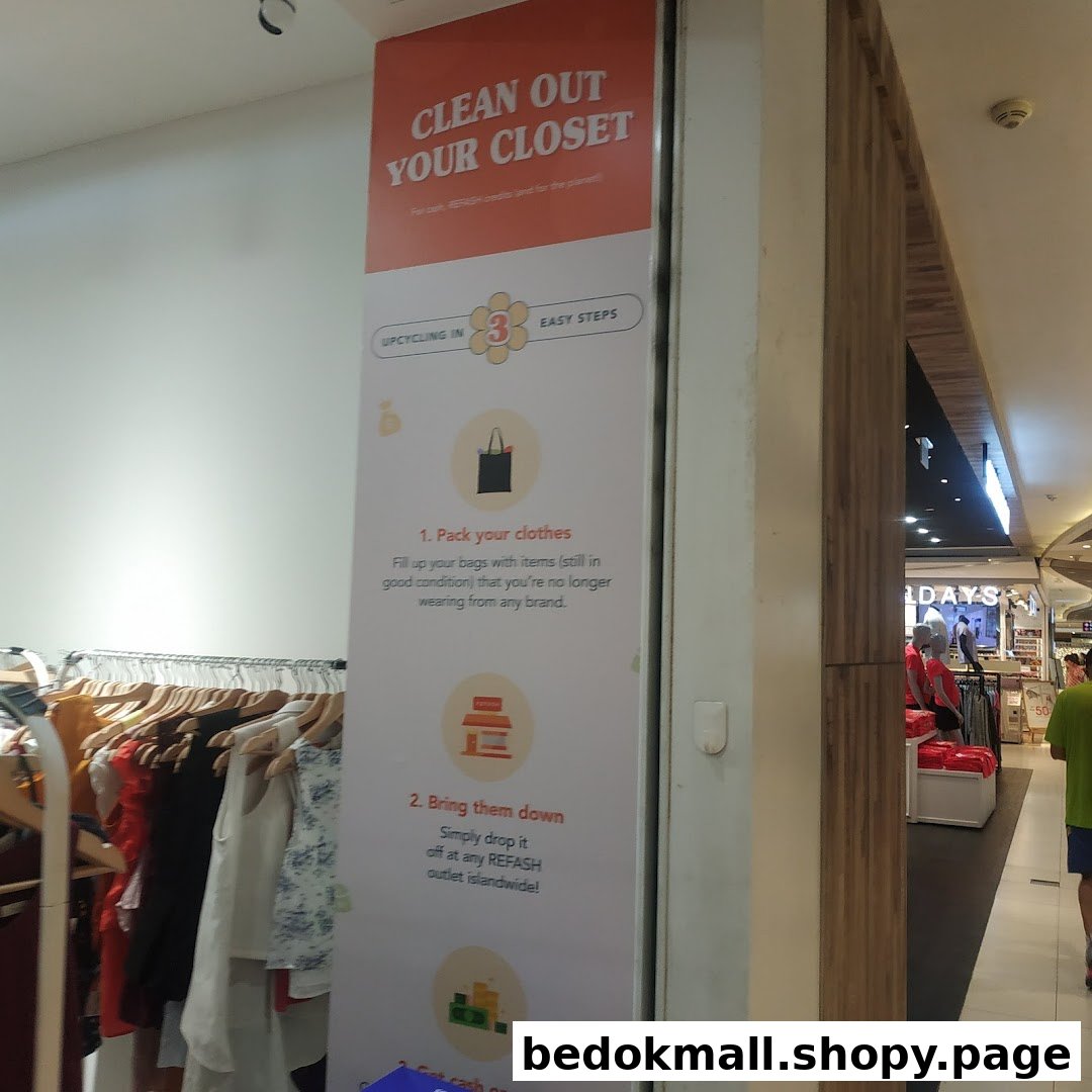 Sign detailing clothes upcycling process inside REFASH Bedok Mall.