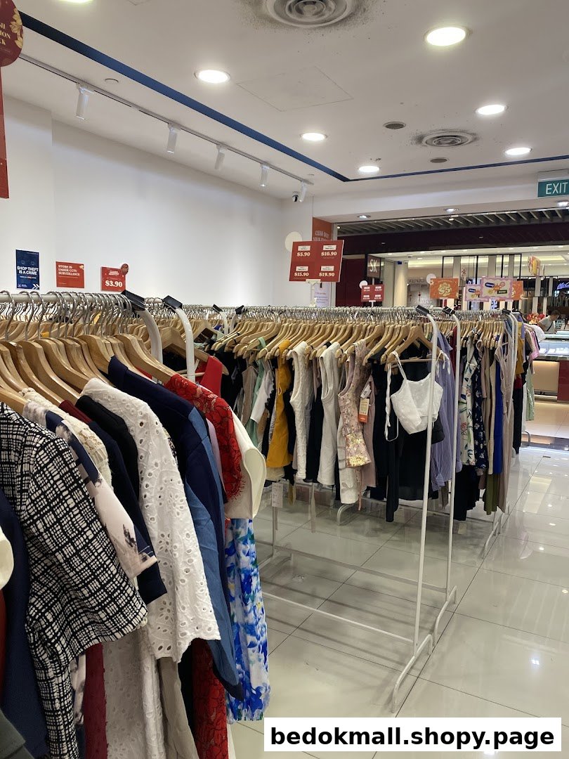 Interior view of a clothing store with racks of garments for sale.