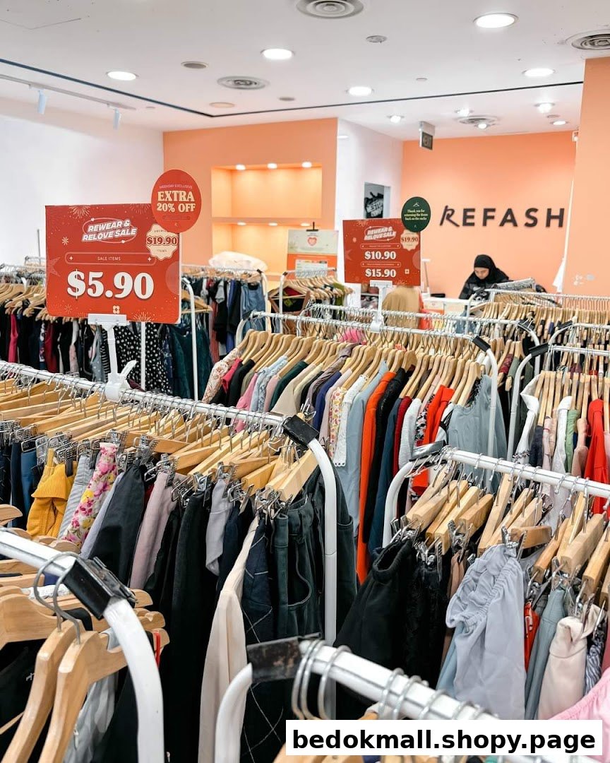 Interior view of a clothing store with racks of garments and sale signs.