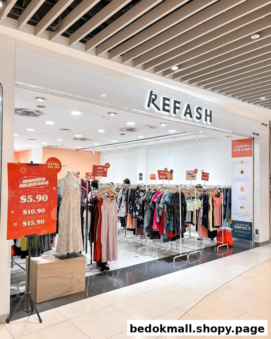 Exterior view of REFASH clothing store entrance with sale signs and clothes racks.