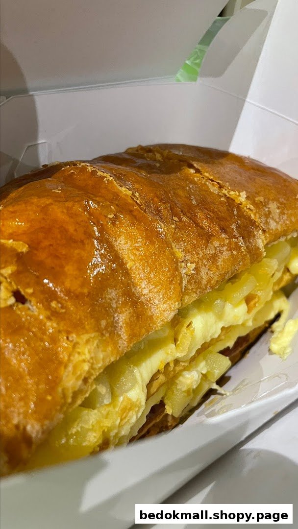 Close-up of a golden-brown pastry with creamy filling and apple chunks in a white box.