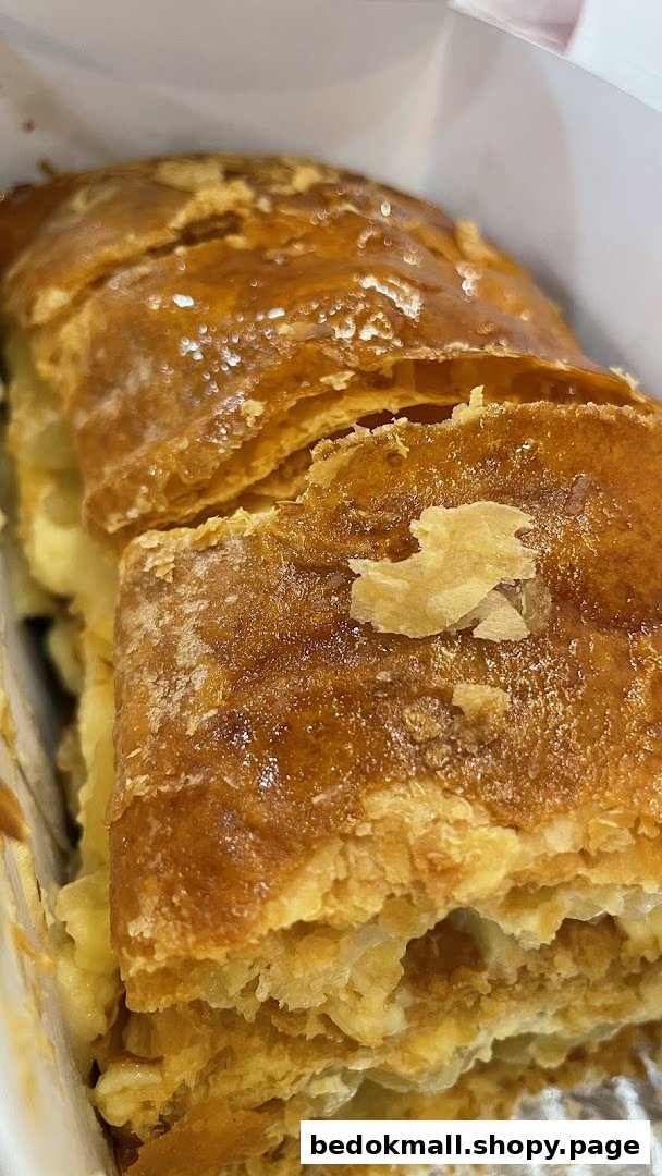 Close-up of a golden-brown, flaky pastry (apple strudel) in a white box.