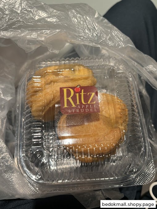 Packaged apple strudel pastries with a Ritz label in a plastic bag.