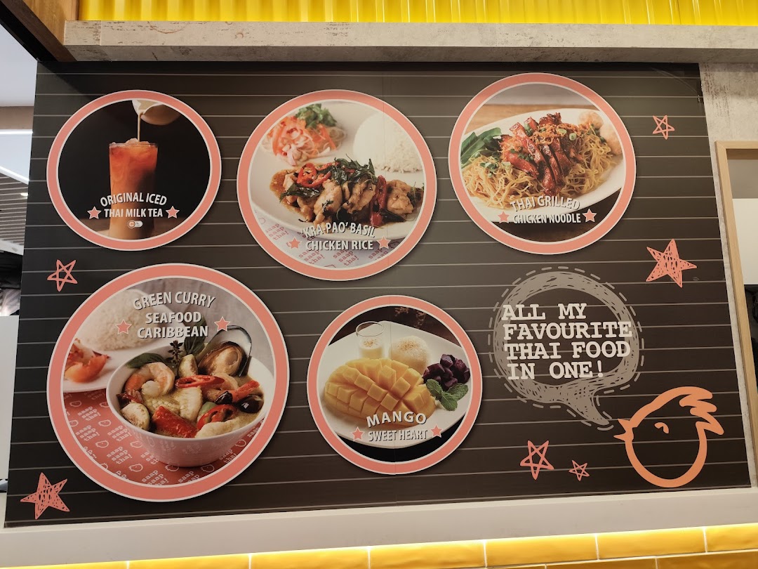 Display board showing various Thai food and drink items with names.