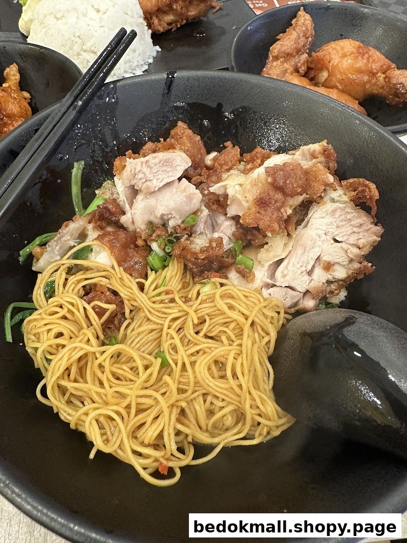 A close-up of a bowl of noodles with crispy pork and chicken.