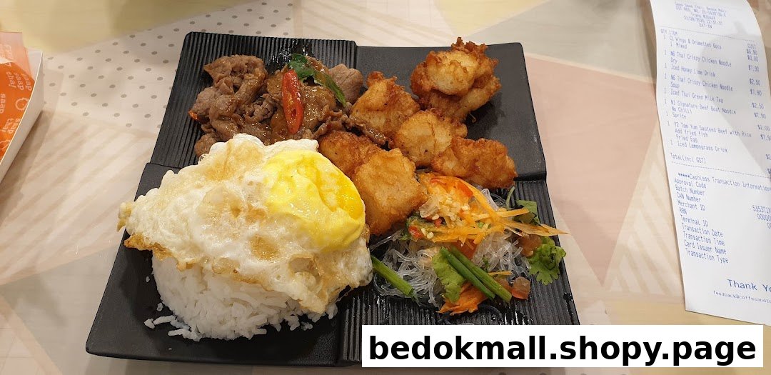 A plate of Thai food with rice, egg, beef, and salad, with a receipt.
