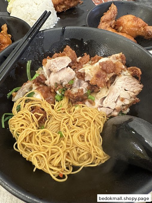 A bowl of noodles with crispy pork and chicken, with rice and fried chicken in background.