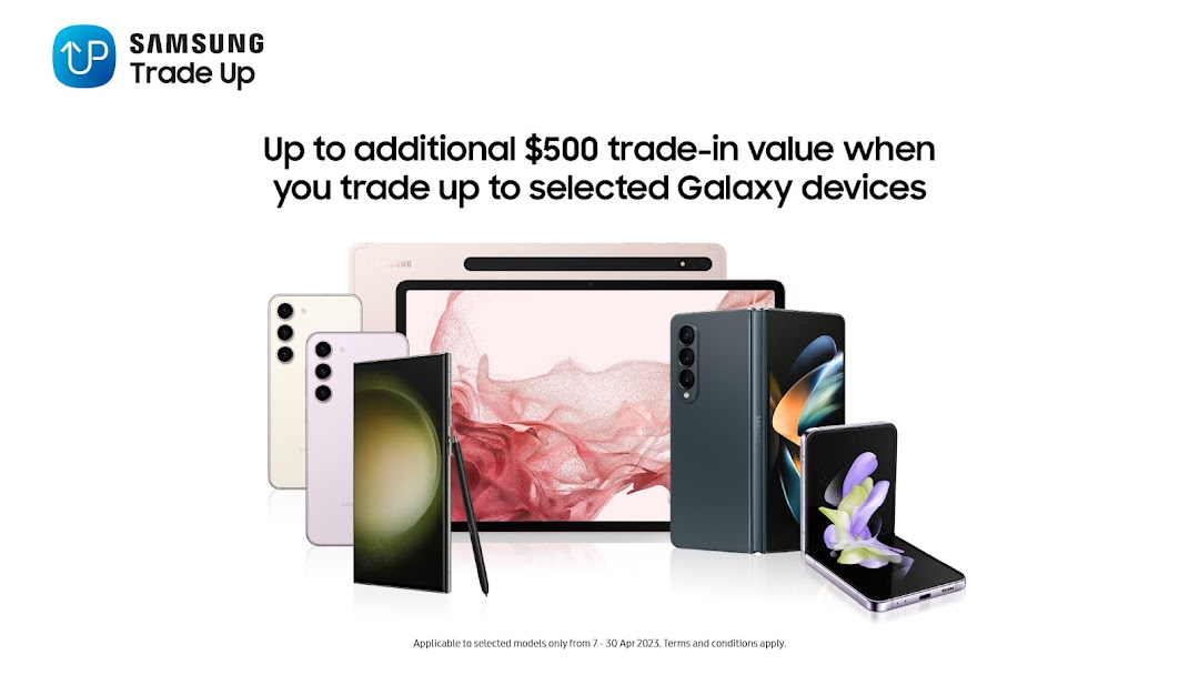 Samsung Trade Up promotion with Galaxy devices and $500 trade-in value.