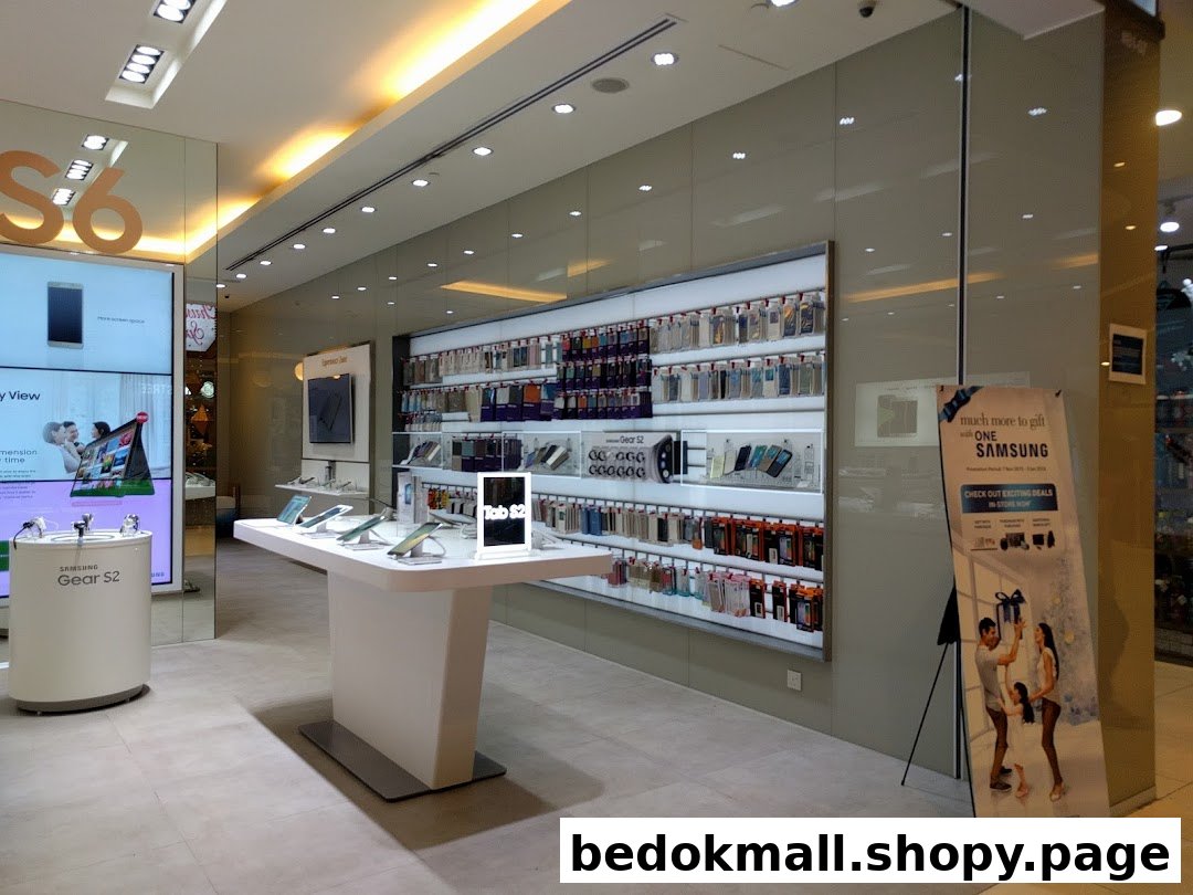 Interior of a Samsung Experience Store with product displays and accessories.