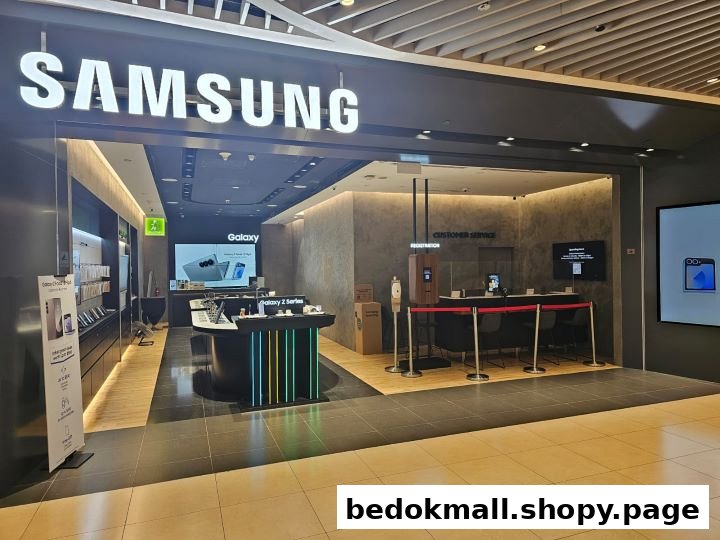 Entrance of a Samsung Experience Store showing interior displays and customer service.