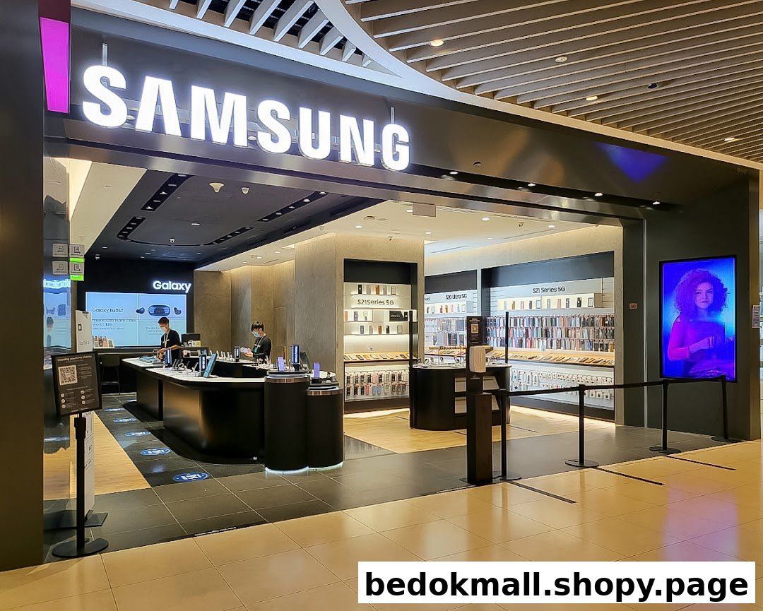 Entrance of a Samsung Experience Store with displays and staff visible inside.