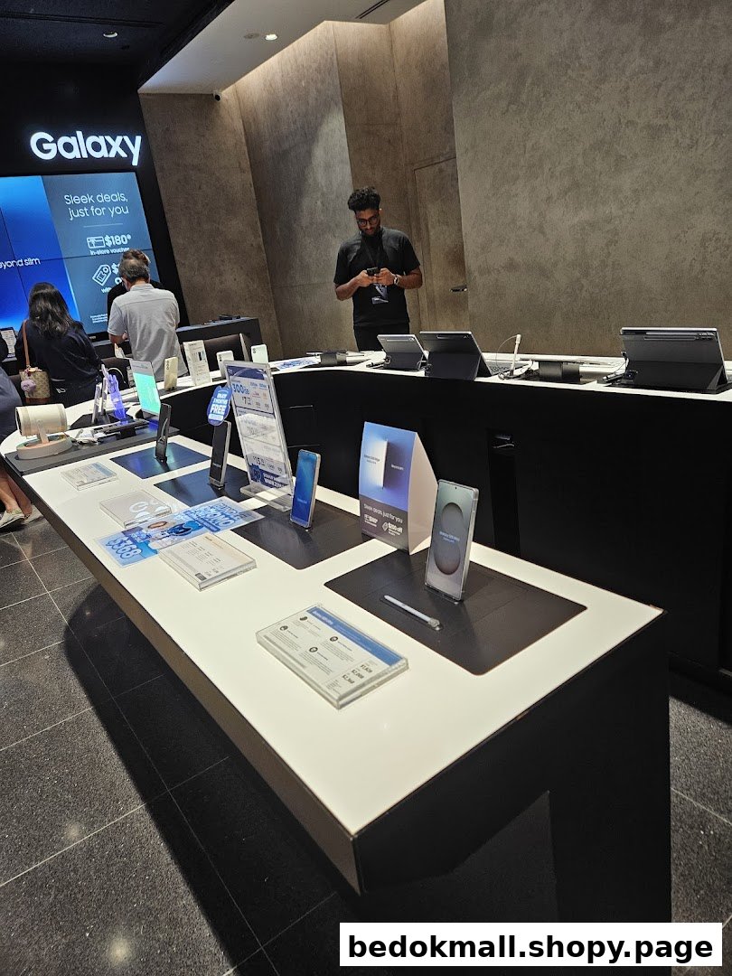 Interior of a Samsung store showing display tables with products and people.
