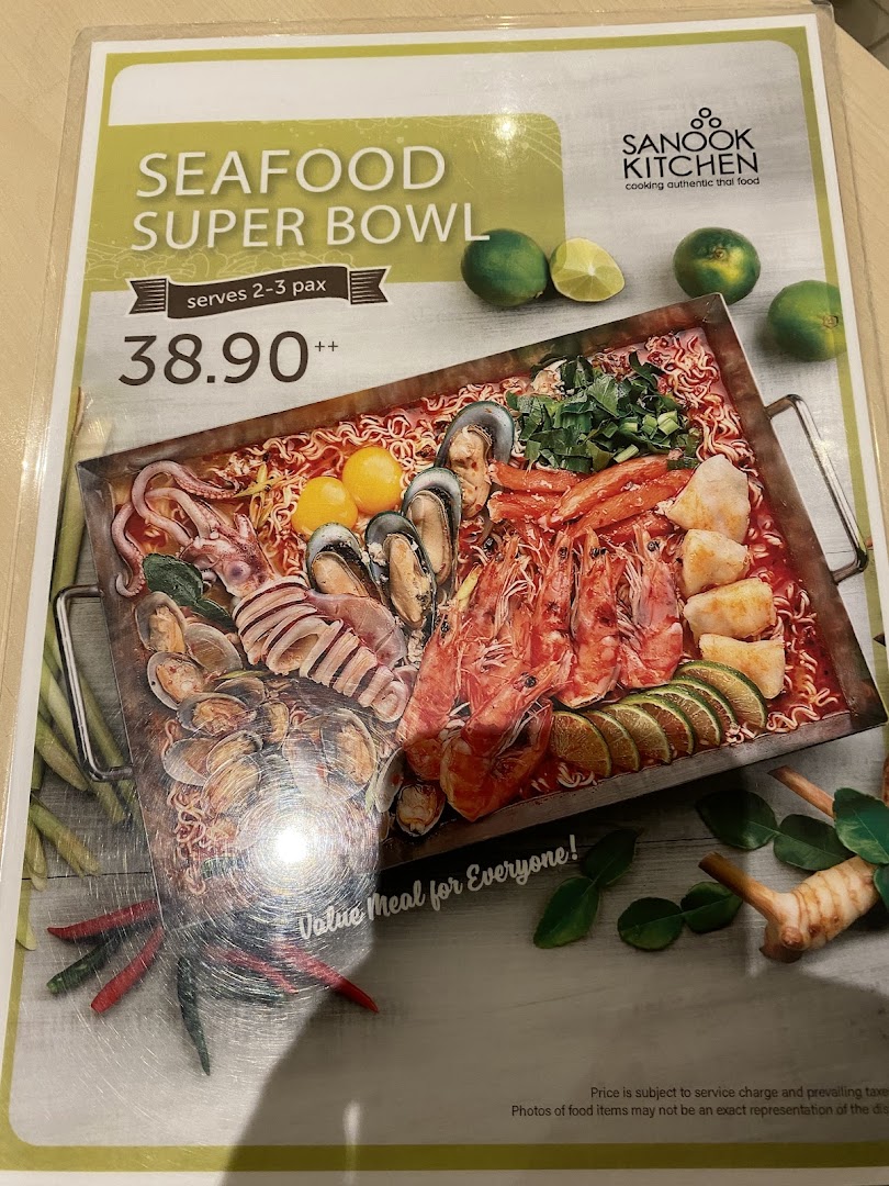 A menu page displaying a 'Seafood Super Bowl' dish with its price and image.