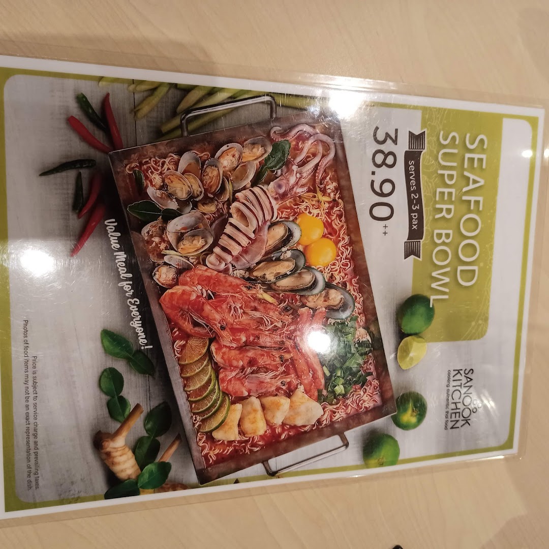 A menu page featuring Sanook Kitchen's 'Seafood Super Bowl' for 2-3 pax, priced at 38.90++.