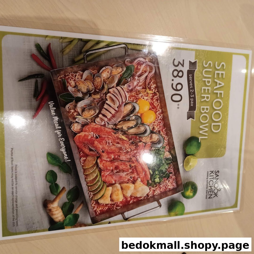 A menu page featuring Sanook Kitchen's 'Seafood Super Bowl' for 2-3 pax, priced at 38.90++.
