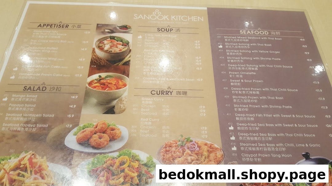 A detailed menu from Sanook Kitchen showing various Thai dishes and prices.