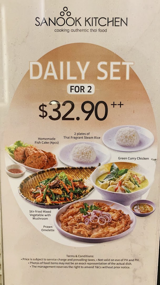 A daily set menu for two with Thai dishes and price.