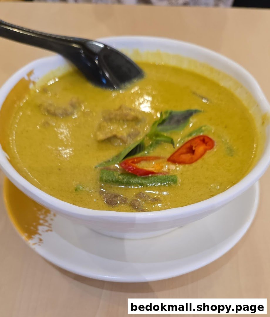 A bowl of green curry with meat, chili, and basil.