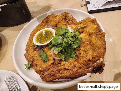 A fried omelet dish with sauce and fresh herbs on a white plate.