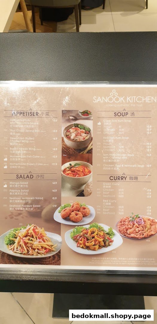 A detailed menu display for Sanook Kitchen, showing food items and prices.