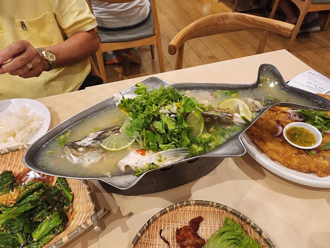 Table with steamed fish, omelet, and other dishes at a restaurant.