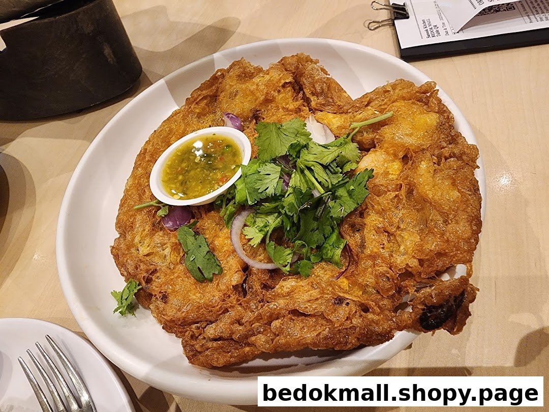 A plate of crispy fried omelet or fritter with sauce and fresh herbs.