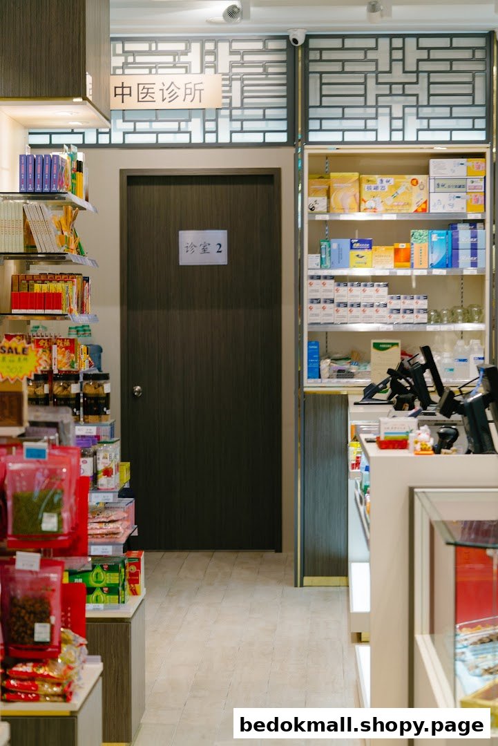 Interior view of a TCM clinic with product shelves and a consultation room door.