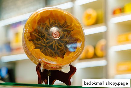 Dried herbs in a clear container on display inside a TCM clinic.