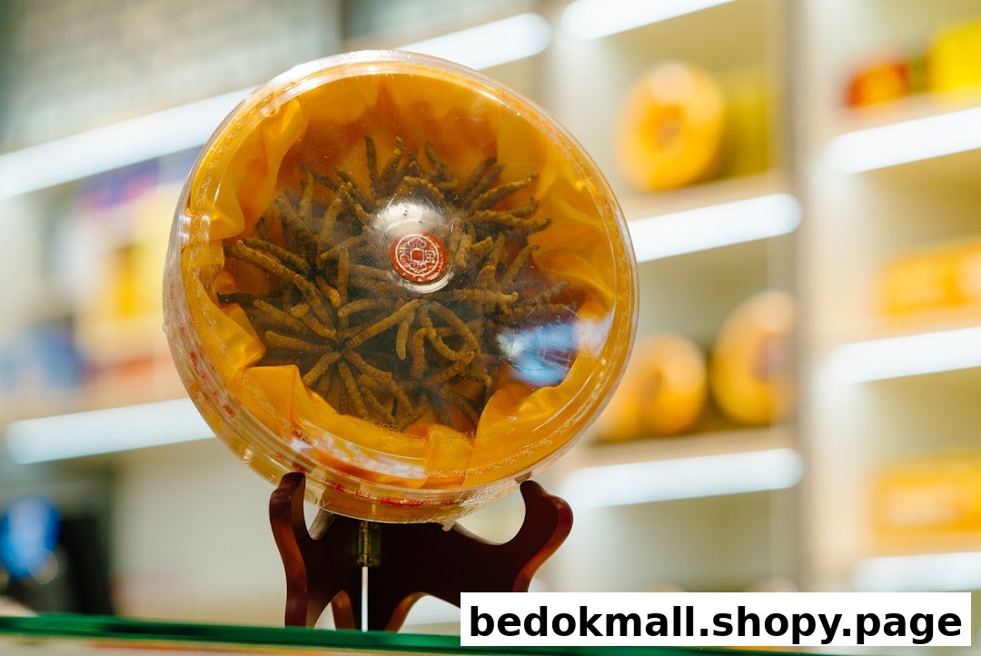 Product in clear container on display stand with shelves in background.