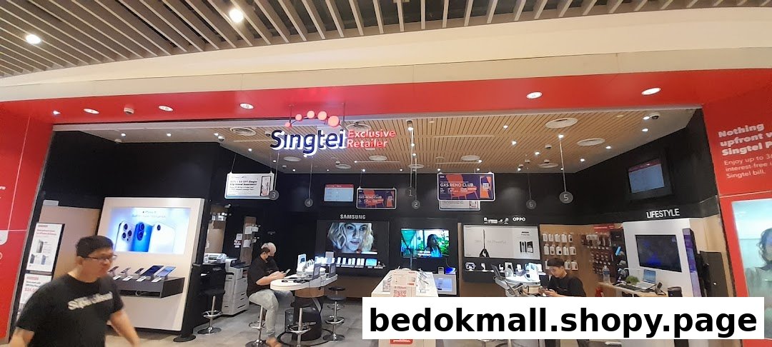 Entrance of a Singtel Exclusive Retailer store with phone displays and customers.