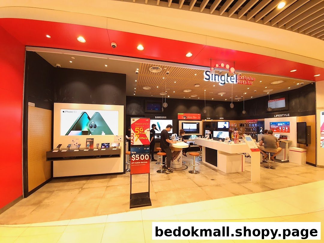 Singtel shop entrance with displays and customers inside.