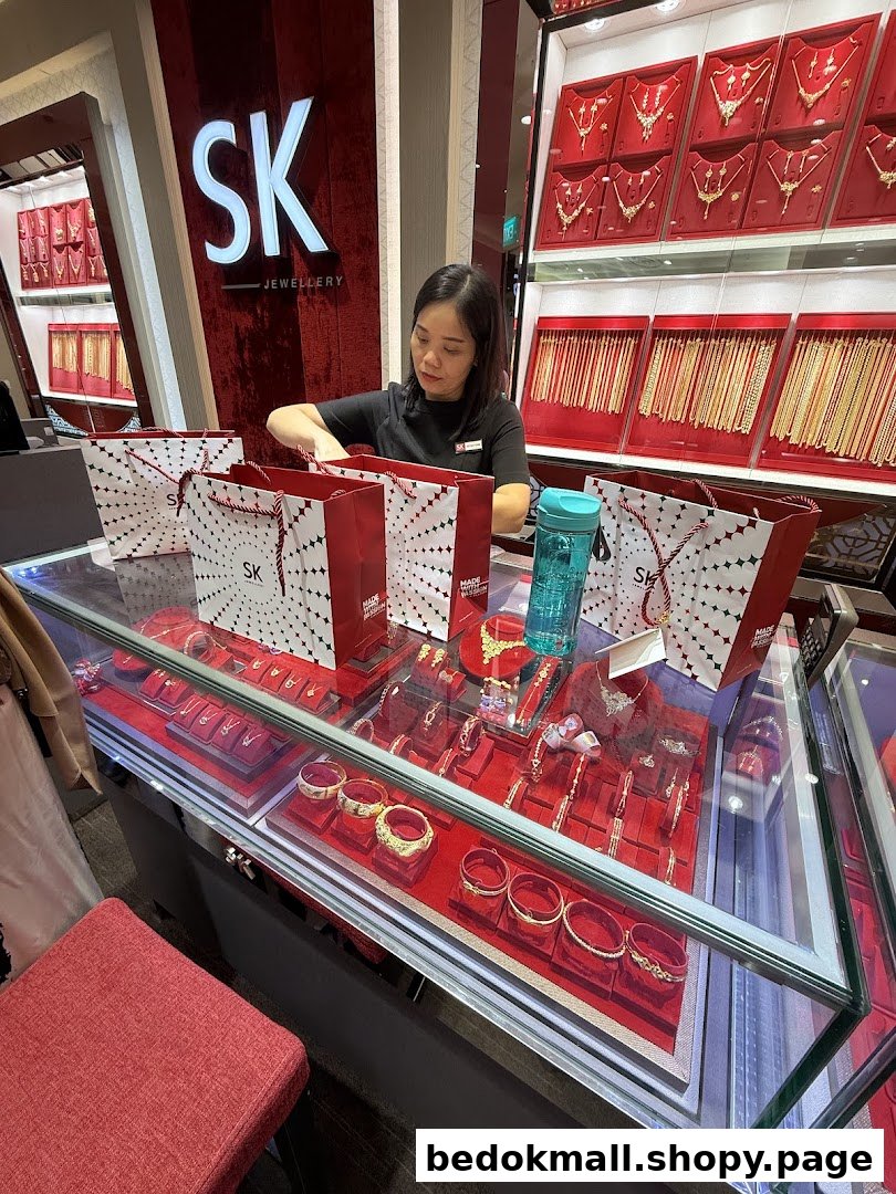 Staff member at counter with jewellery displays and shopping bags in a shop.