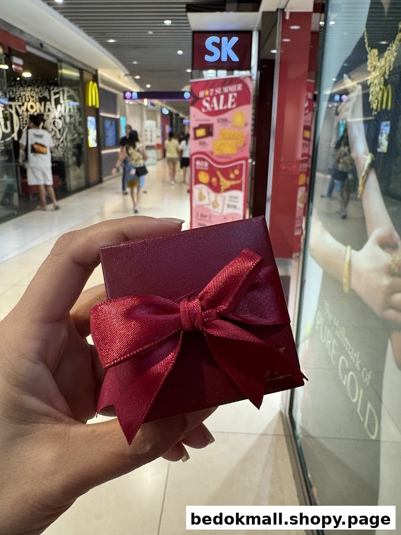 Hand holding a red gift box in a mall corridor with shops in background.