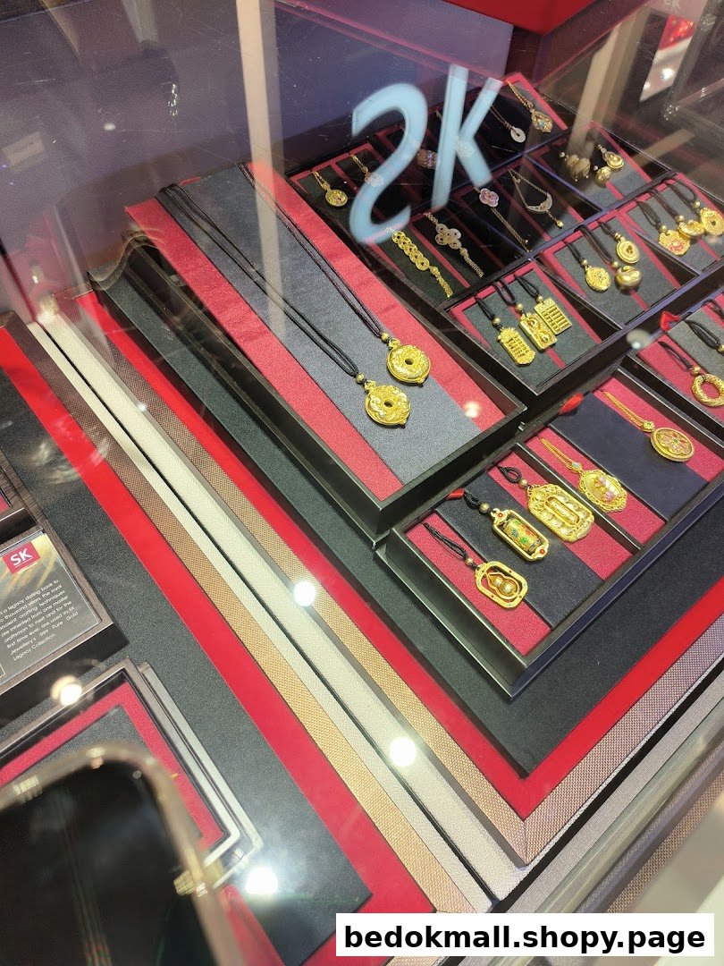 Gold jewelry, including necklaces and pendants, displayed in a glass case.