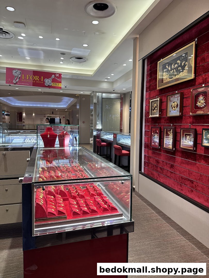 Interior view of a jewellery shop with display cases and a red velvet wall.