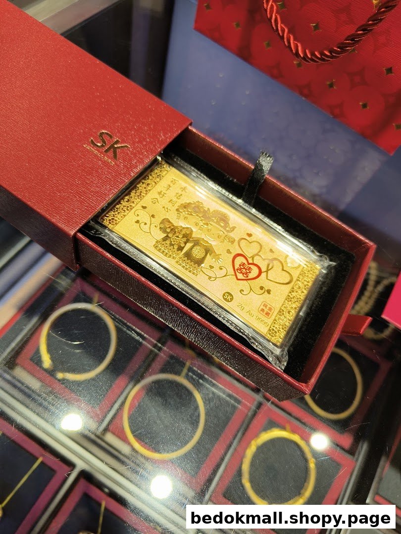 Close-up of a gold bar in a red box on a display case with jewelry.