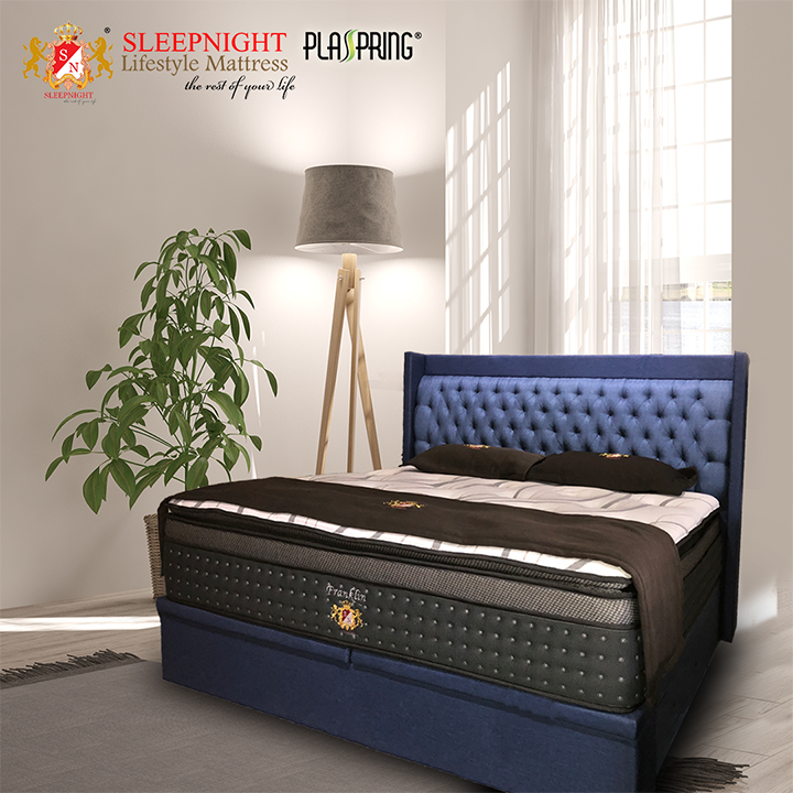 A bedroom scene featuring a bed, mattress, plant, and floor lamp.