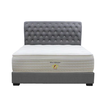 A white mattress on a grey bed frame with a tufted headboard.