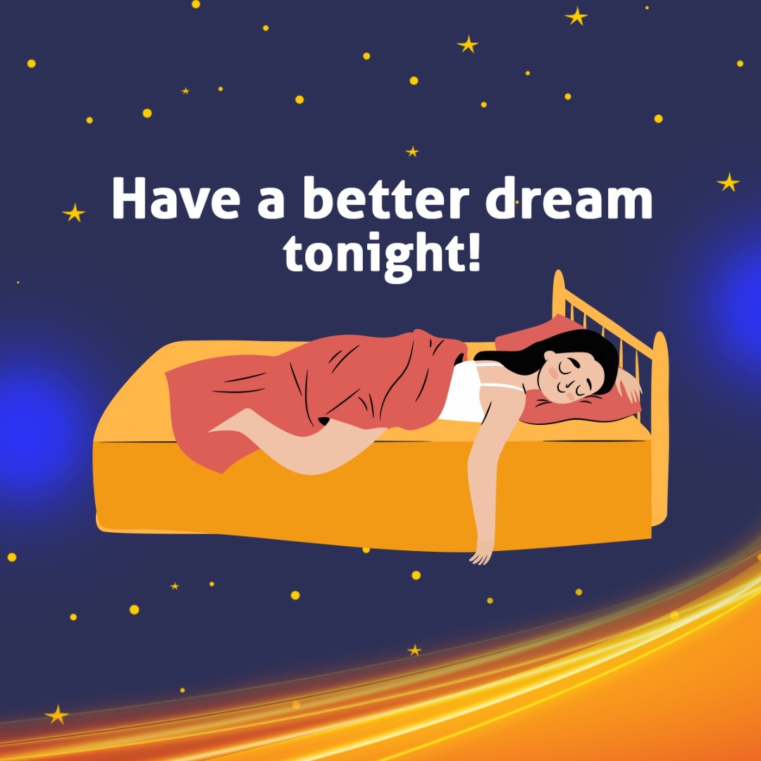 Illustration of a person sleeping soundly on a bed with stars and text.