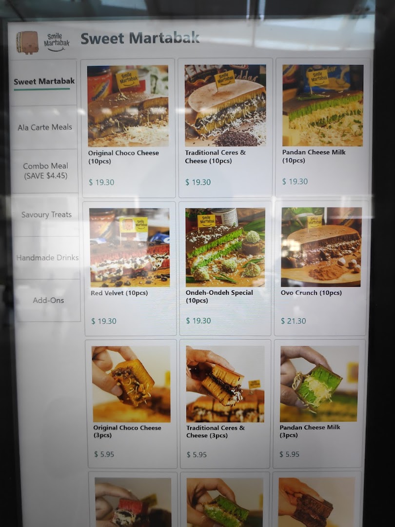 A digital menu displaying various sweet martabak flavors with prices and images.