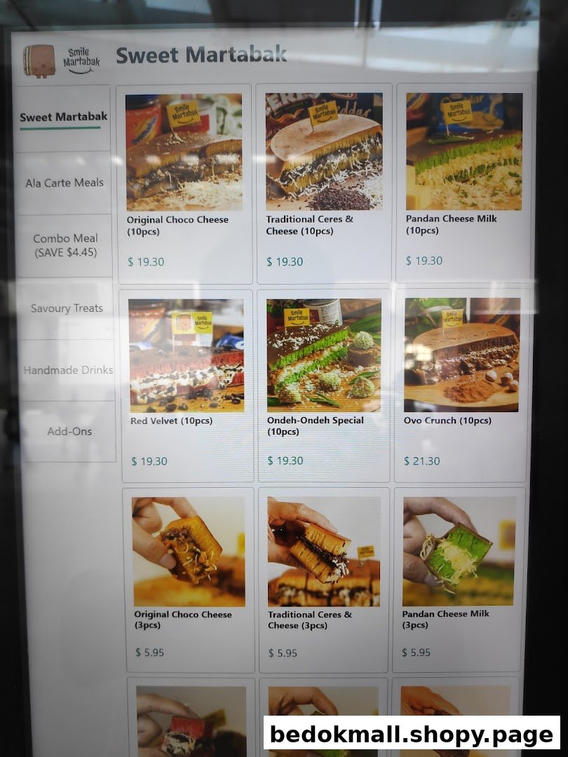 A digital menu displaying various sweet martabak flavors with prices and images.