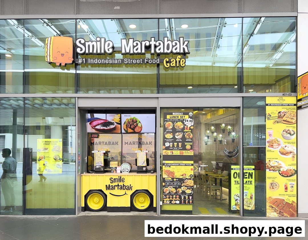 Shop front of Smile Martabak Café with signage and food displays.