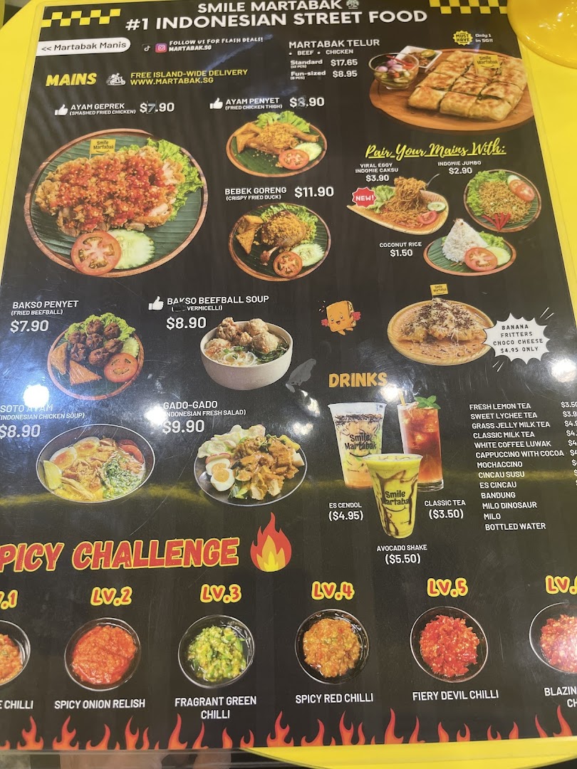 A vibrant menu board showcasing Indonesian street food, including martabak, mains, sides, and drinks.