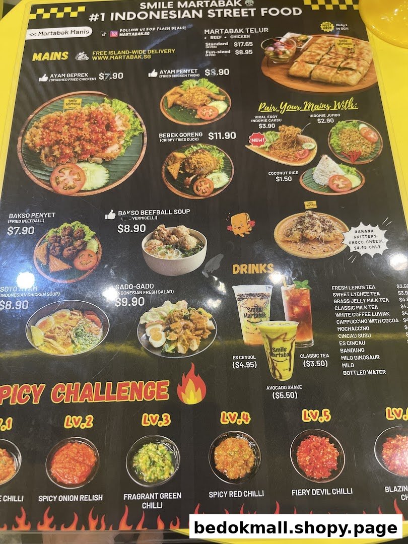 A vibrant menu board showcasing Indonesian street food, including martabak, mains, sides, and drinks.