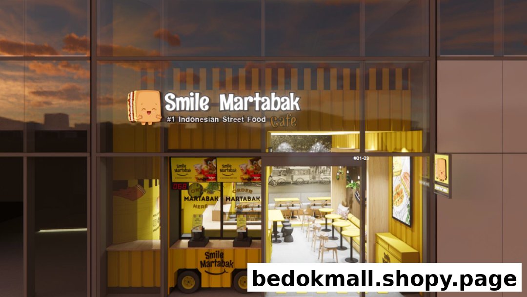 Modern cafe storefront with yellow accents and a prominent "Smile Martabak" sign.